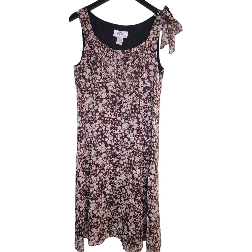 Vintage Bob Mackie Silk Dress Size 12 Brown Sequin Geometric Sleeveless Bow
